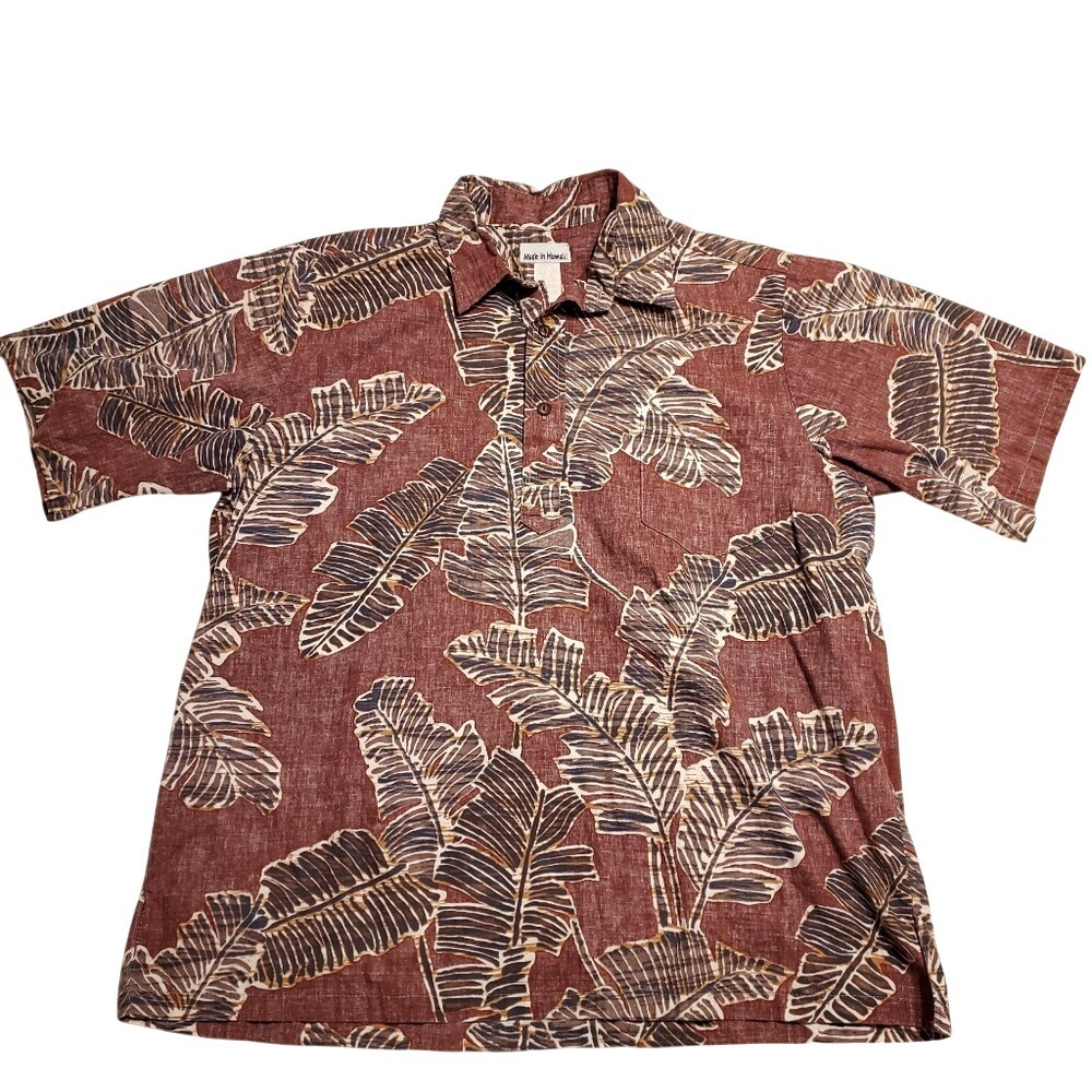Vintage Hawaiian Made In Hawaii Short Sleeve Button Up Red Leaves Cotton‎ SZ:L